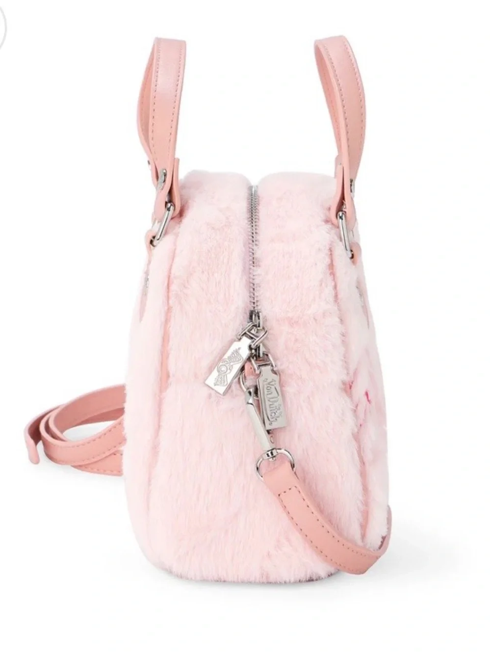Von Dutch Furry Light Pink with Hot Pink Lettering Bowling Bag Purse - Picture 9 of 12